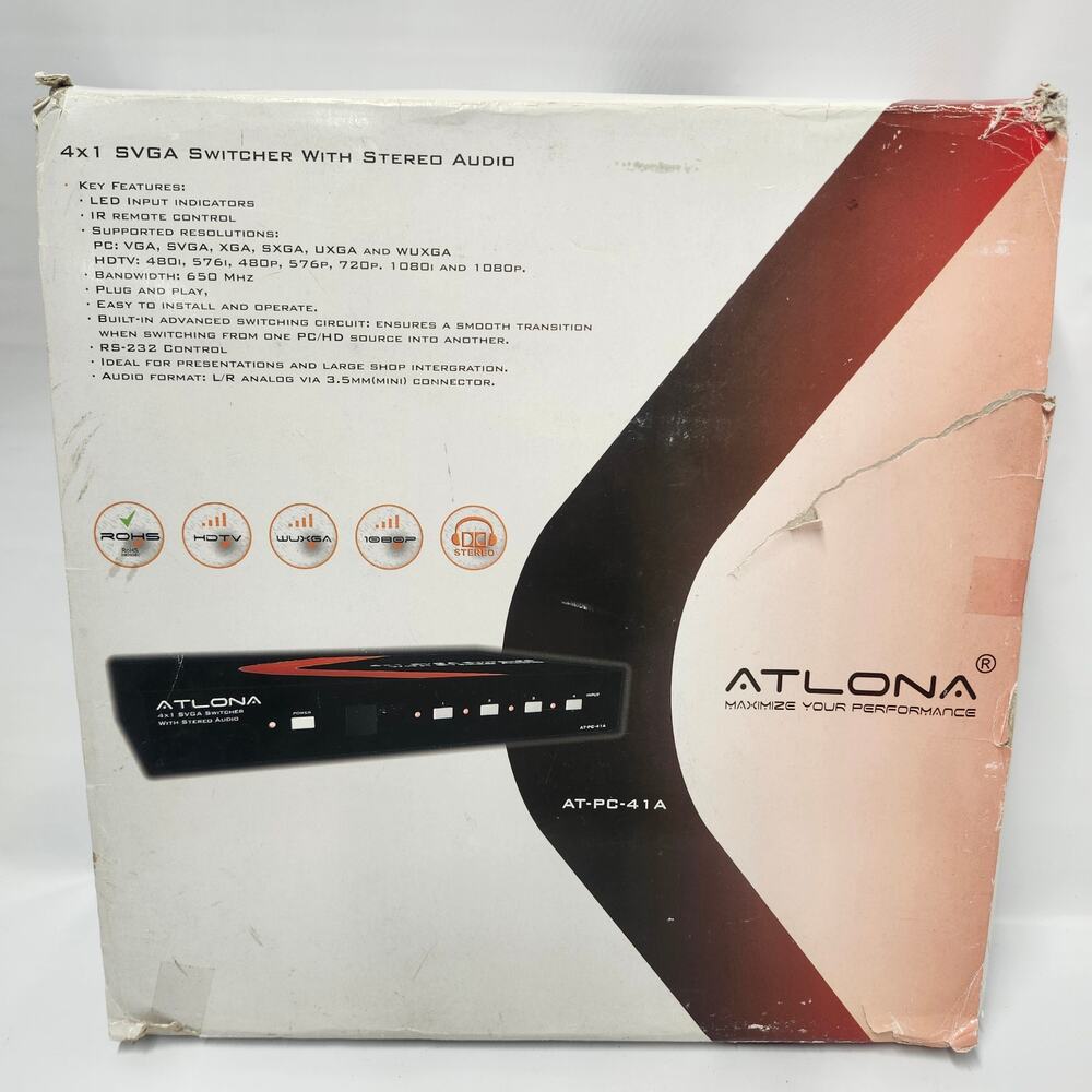 Atlona AT-PC-41A 4x1 SVGA VGA Switcher Stereo Audio Remote Cables
